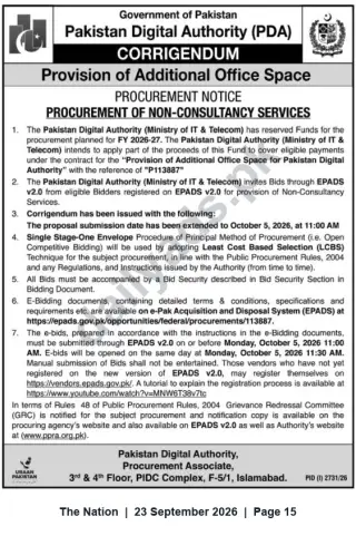 Newspaper clipping: Pakistan Digital Authority Tender: Provision of Additional Office Space (Non-Consultancy Services) – Corrigendum, The Nation, 23 Sep 2026