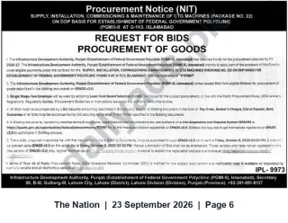 Newspaper clipping: Tender: Supply, Installation, Commissioning & Maintenance of CTG Machines (Package No.22) for Federal Government Polyclinic (PGMI-II), Islamabad, The Nation, 23 Sep 2026