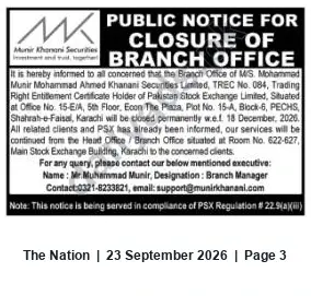 Newspaper clipping: Munir Khanani Securities Karachi Branch Closure Notice — Effective 2026-12-18, The Nation, 23 Sep 2026
