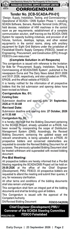 Newspaper clipping: FESCO Corrigendum — SCADA/DMS Phase‑I Tender (ICB‑SCADA‑PH‑01) — Revised Deadline 2026-10-27, Dunya, 23 Sep 2026