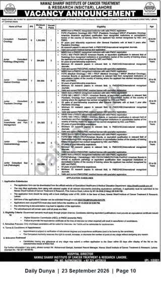 Newspaper clipping: Clinical Consultant & Junior Consultant Vacancies — Nawaz Sharif Institute of Cancer Treatment & Research, Lahore, Dunya, 23 Sep 2026