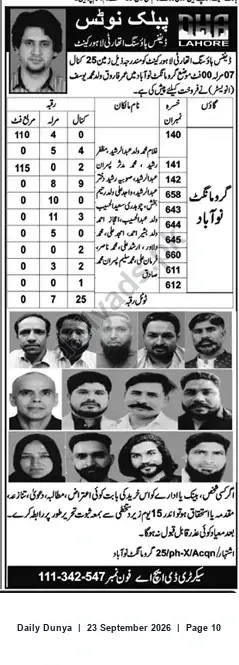 Newspaper clipping: DHA Lahore Public Notice – Claims/Objections for Listed Plot Numbers, Dunya, 23 Sep 2026