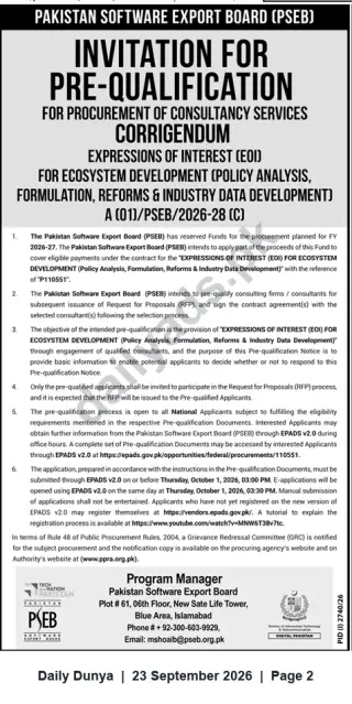 Newspaper clipping: PSEB Pre-Qualification EoI — Ecosystem Development (Policy Analysis, Formulation, Reforms & Industry Data) Ref P110551, Dunya, 23 Sep 2026