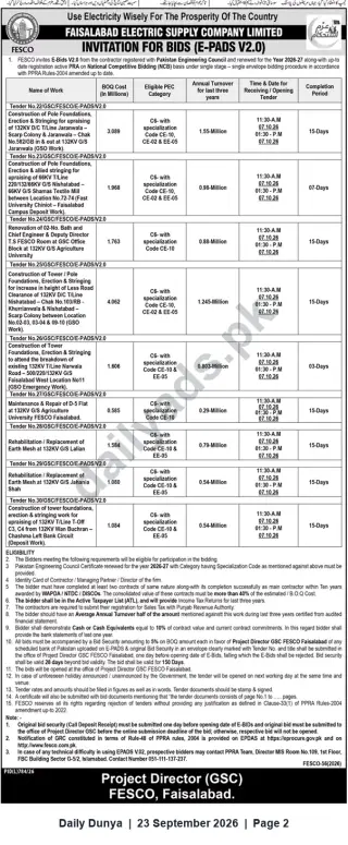 Newspaper clipping: FESCO Faisalabad Invitation for E-Bids (E-PADS V2.0) – Multiple Transmission & Substation Works, Dunya, 23 Sep 2026