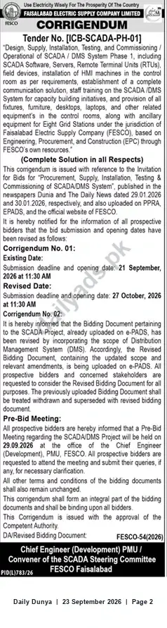 Newspaper clipping: FESCO Corrigendum – Tender ICB-SCADA-PH-01 for Design, Supply, Installation, Testing & Commissioning of SCADA/DMS (Phase I), Dunya, 23 Sep 2026