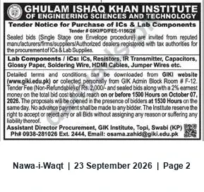 Newspaper clipping: GIKI Tender for Purchase of ICs & Lab Components (Tender # GIKI/PD/FEE-1156/26), Nawa-i-Waqt, 23 Sep 2026