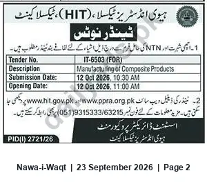 Newspaper clipping: Tender IT-6503 (FOR) – Manufacturing of Composite Products (HIT), Nawa-i-Waqt, 23 Sep 2026
