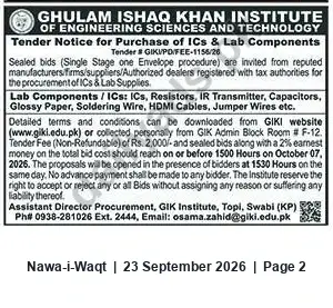 Newspaper clipping: GIKI Tender for Purchase of ICs & Lab Components — Tender #GIKV/POIFEE-1156/26, Nawa-i-Waqt, 23 Sep 2026