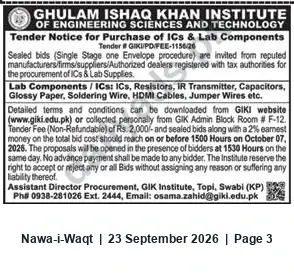 Newspaper clipping: GIKI Tender for ICs & Lab Components — Tender # GIKI/PD/FEE-1156/26, Nawa-i-Waqt, 23 Sep 2026