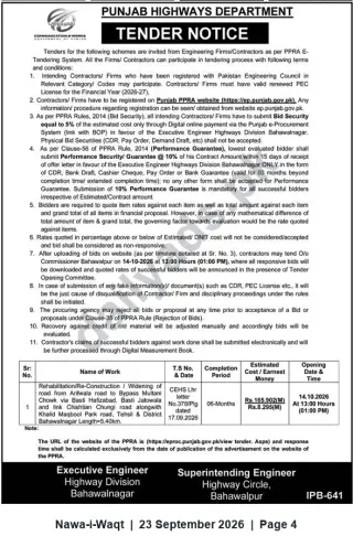 Newspaper clipping: Punjab Highways Tender – Rehabilitation & Widening of Arifwala–Bypass Mullani Road (5.40 km) in Bahawalnagar, Nawa-i-Waqt, 23 Sep 2026