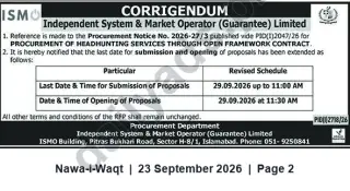 Newspaper clipping: ISMO Corrigendum – Submission Deadline Extended for Headhunting Services Tender, Nawa-i-Waqt, 23 Sep 2026