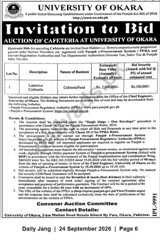 Newspaper clipping: Auction: Lease of Laterova Cafeteria at University of Okara – Invitation to Bid, Jang, 24 Sep 2026