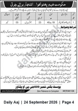 Newspaper clipping: Government of Khyber Pakhtunkhwa — Recruitment Advertisement (INF(P)4811/26), Daily Aaj, 24 Sep 2026