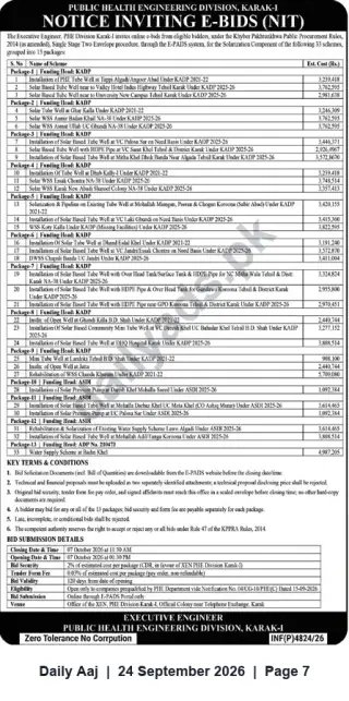Newspaper clipping: PHE Division Karak-I — e-Bids Invited for Solarization of 33 Water Schemes (13 Packages), Daily Aaj, 24 Sep 2026