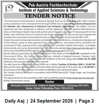 Newspaper clipping: Tender: Procurement of Robotics Lab Equipment — Pak‑Austria Fachhochschule (PAF‑IAST), Haripur, Daily Aaj, 24 Sep 2026