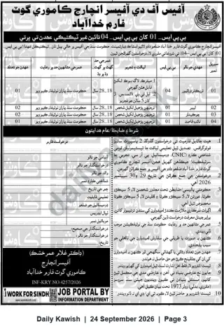 Newspaper clipping: Recruitment — Temporary Non‑Technical Staff (BPS‑01 to BPS‑04) | Assistant Engineer, Kamori Farm Khudaabad (Sindh), Daily Kawish, 24 Sep 2026