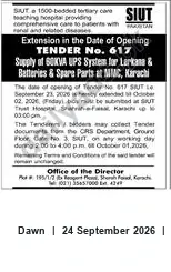 Newspaper clipping: SIUT Tender No. 617 — Supply of SOKVA UPS Systems, Batteries & Spare Parts (Karachi) — Opening Date Extended, Dawn, 24 Sep 2026