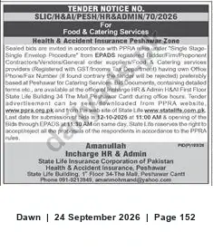 Newspaper clipping: State Life Tender: Food & Catering Services for Health & Accident Insurance, Peshawar (SLIC/H&AI/PESH/HR&ADMIN/70/2026), Dawn, 24 Sep 2026