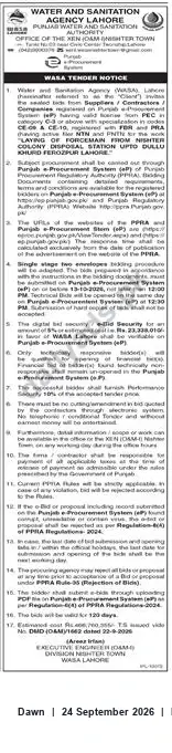 Newspaper clipping: WASA Lahore Tender Notice — Sealed Bids Invited from PEC-Registered Contractors, Dawn, 24 Sep 2026
