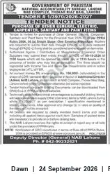 Newspaper clipping: NAB Lahore Tender #1/3970/2026-2027: Purchase of General, Electrical, Carpenter, Sanitary & Paint Items, Dawn, 24 Sep 2026