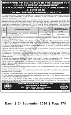 Newspaper clipping: Tender: Event Management Firm for Punjab Education Summit & Expo 2026, Dawn, 24 Sep 2026