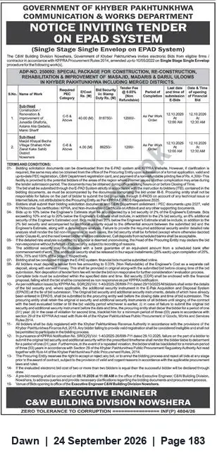 Newspaper clipping: C&W Nowshera Tender (ADP-250092) — Construction, Rehabilitation & Improvement of Masajid, Madrassas & Darul Ulooms in Khyber Pakhtunkhwa, Dawn, 24 Sep 2026