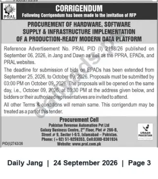 Newspaper clipping: PRAL Corrigendum — RFP Deadline Extended for Data Platform Procurement (Closes 2026-10-09), Jang, 24 Sep 2026
