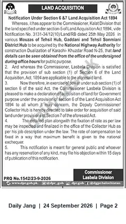 Newspaper clipping: Land Acquisition Notice for N-25 Dualization in Hub, Gaddani & Sonmiani (Lasbela Division), Jang, 24 Sep 2026