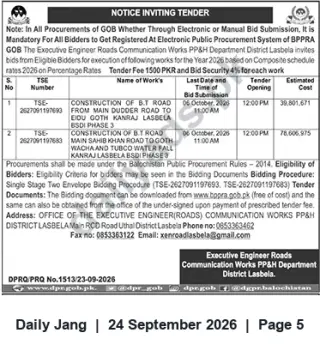 Newspaper clipping: Tender: Construction of B.T. Roads in Kanraj (BSDI Phase 3), District Lasbela — Oct 6, 2026, Jang, 24 Sep 2026