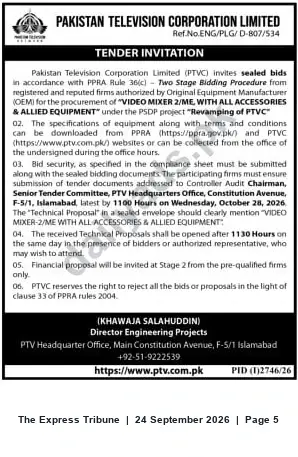 Newspaper clipping: PTV Tender: Supply of Video Mixer 2/ME with Accessories (Closing 2026-10-28), The Express Tribune, 24 Sep 2026