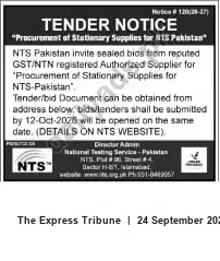 Newspaper clipping: Tender: Procurement of Stationery Supplies for NTS Pakistan, The Express Tribune, 24 Sep 2026
