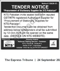 Newspaper clipping: Tender: Procurement of Stationery Supplies for NTS Pakistan (Deadline 2026-10-12), The Express Tribune, 24 Sep 2026