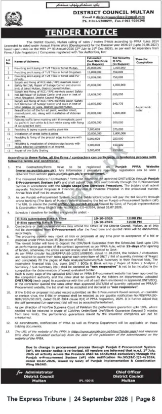 Newspaper clipping: District Council Multan Tender Notice — 13 Rate Contracts for Development Works (Bids due 2026-10-10), The Express Tribune, 24 Sep 2026