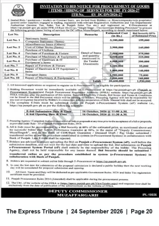 Newspaper clipping: Tender: Procurement of Goods/Services (10 Lots) — Deputy Commissioner Muzaffargarh (FY 2026-27), The Express Tribune, 24 Sep 2026