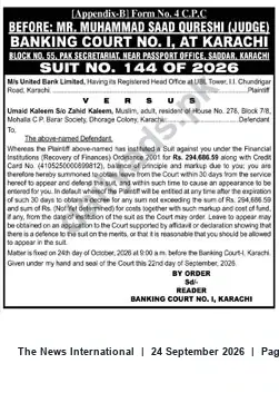 Newspaper clipping: United Bank Limited v. Umaid Kaleem — Banking Court Karachi Suit No. 144/2026 — Summons for Rs. 294,686.59, The News International, 24 Sep 2026