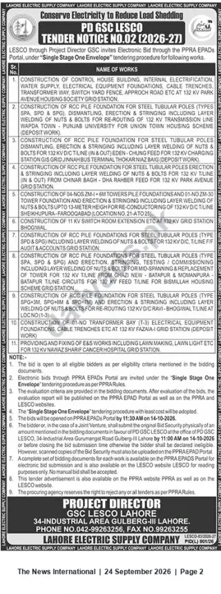 Newspaper clipping: LESCO PD GSC Lahore Tender Notice No.02 (2026-27) – Multiple 132 kV Grid & Transmission Works, The News International, 24 Sep 2026