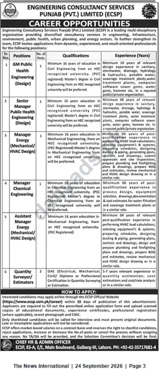 Newspaper clipping: ECSP Careers — Senior Civil, Mechanical, Chemical & Quantity Surveyor Positions in Lahore, The News International, 24 Sep 2026