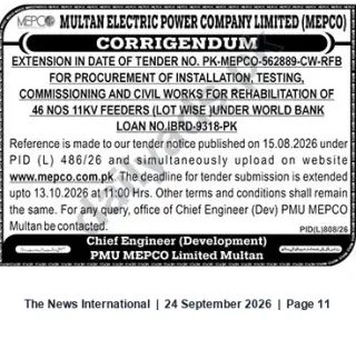 Newspaper clipping: MEPCO Corrigendum: Tender PK-MEPCO-562889-CW-RFB Deadline Extended to 13 October 2026, The News International, 24 Sep 2026