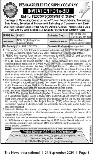 Newspaper clipping: PESCO e-Bid: Rehabilitation of 132 kV Double-Circuit Transmission Line D.I. Khan – Pezu (EPADS Ref P87337), The News International, 24 Sep 2026