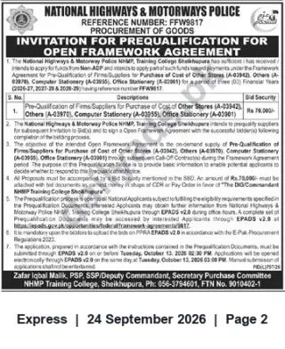 Newspaper clipping: NHMP Training College Sheikhupura — Invitation for Prequalification (Framework Agreement) FFW9817, Express, 24 Sep 2026