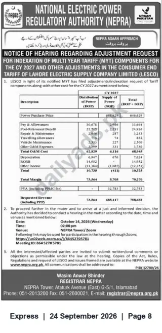 Newspaper clipping: NEPRA Notice of Hearing: LESCO Request for MYT Indexation and Tariff Adjustments (CY2027), Express, 24 Sep 2026