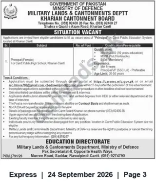 Newspaper clipping: Principal (Female) Vacancy — Cantt Public High School, Kharian Cantt, Express, 24 Sep 2026