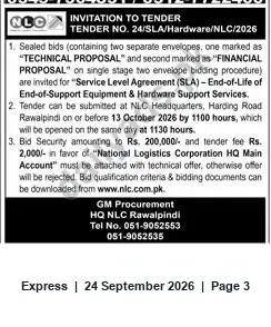 Newspaper clipping: NLC Tender 24/SLA/Hardware/NLC/2026 – SLA for End-of-Life Hardware Support (Rawalpindi), Express, 24 Sep 2026