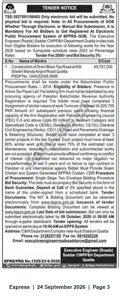 Newspaper clipping: Tender: Construction of Drain / Block Top Road at Khil Sheikh Manda (Airport Road), Quetta, Express, 24 Sep 2026