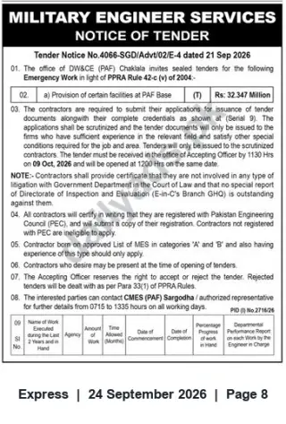 Newspaper clipping: MES Tender No.4066-SGD/Advt/02/E-4 — Provision of Facilities at PAF Base (Estimated Rs. 32.347M), Express, 24 Sep 2026