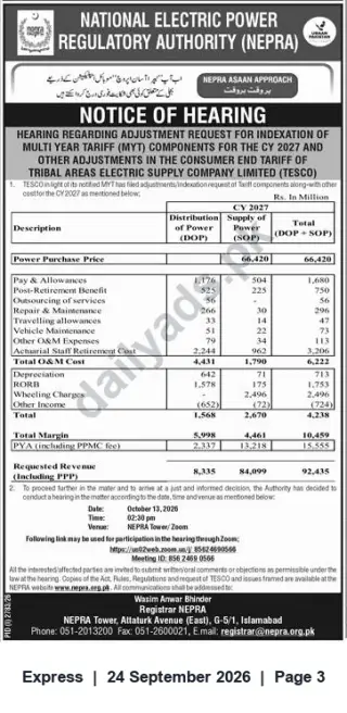 Newspaper clipping: NEPRA Notice of Hearing: TESCO Request for MYT Indexation and Consumer-Tariff Adjustments (CY2027), Express, 24 Sep 2026