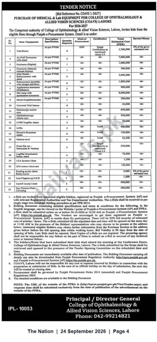 Newspaper clipping: Tender (Bid Ref: COAVS 1-2627) – Purchase of Medical & Lab Equipment for College of Ophthalmology & Allied Vision Sciences (COAVS), Lahore (2026-2027), The Nation, 24 Sep 2026