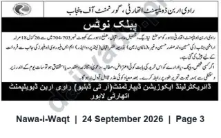 Newspaper clipping: Public Notice — Ravi Urban Development Authority (Land / Scheme Nos. 704 & 703), Nawa-i-Waqt, 24 Sep 2026