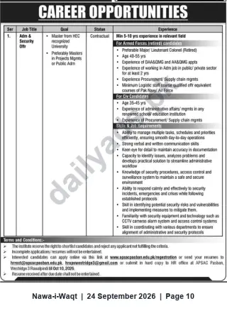 Newspaper clipping: Admin & Security Officer (Contract) – APSAC Pasban, Rawalpindi, Nawa-i-Waqt, 24 Sep 2026