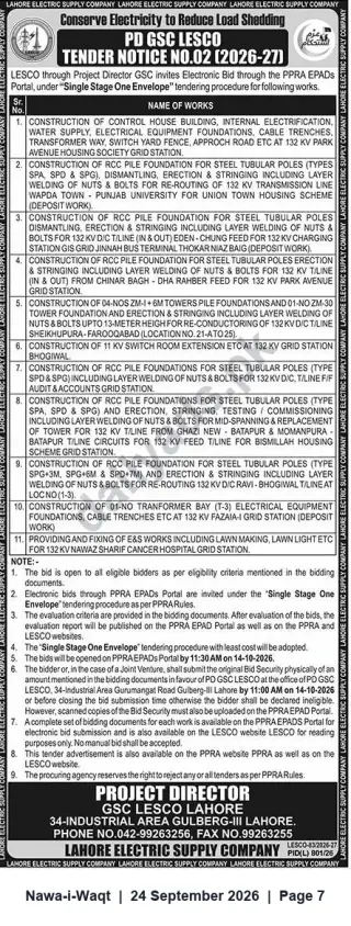 Newspaper clipping: LESCO Project Director GSC Lahore — Multiple Works Tender Notice No.02 (2026-27), Nawa-i-Waqt, 24 Sep 2026
